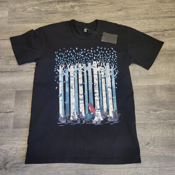 New Men’s Red Bubble T-Shirt Birches Red Fox Artist Little Clyde NWT Large Black - Picture 1 of 5